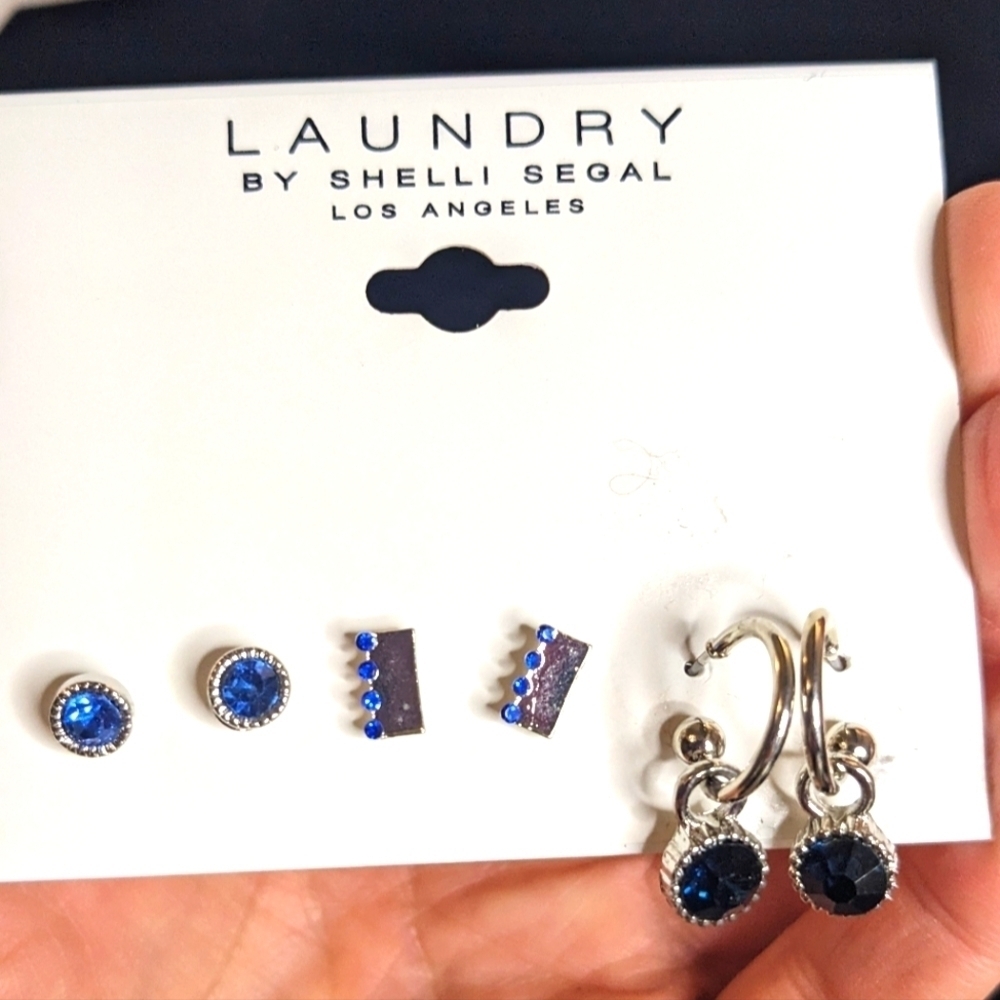 Laundry by Shelli Segal Silver Tone and Blue Earring Trio
